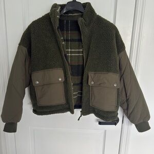 American Eagle Outfitters Green Jacket with Plaid Interior